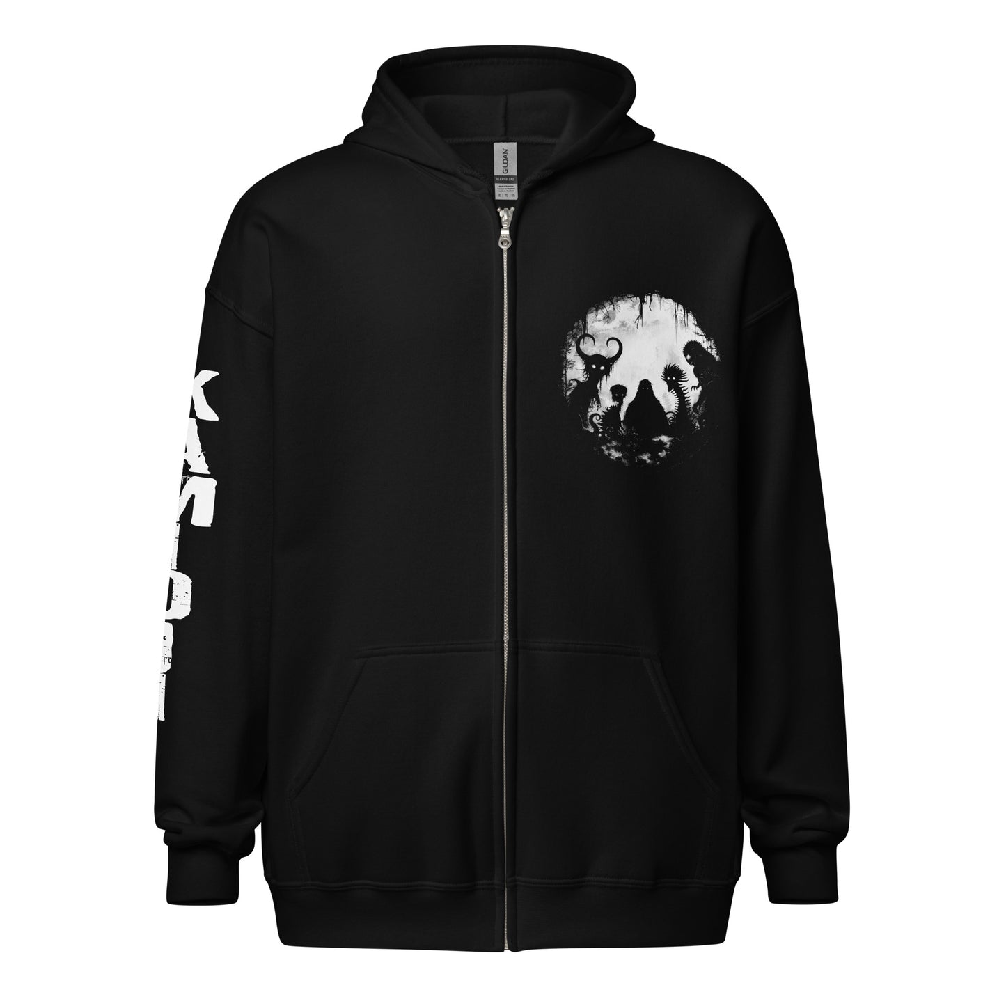 Cryptid Friends zip hoodie featuring Bigfoot, Mothman, Loch Ness Monster, Jersey Devil, and paranormal creature silhouettes beneath a full moon. | Colour: Black