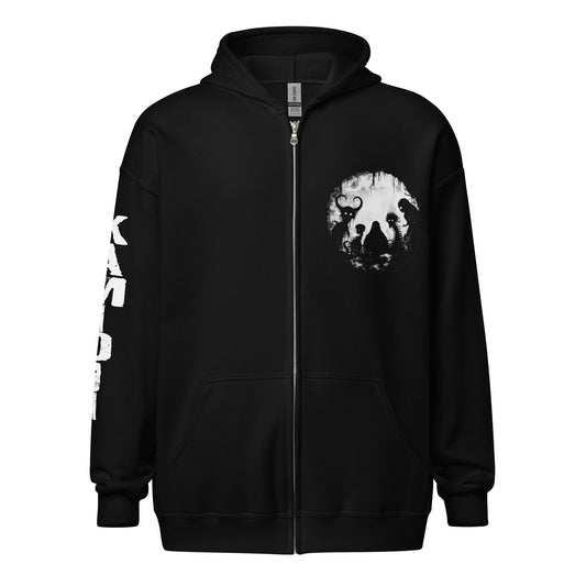 Cryptid Friends zip hoodie featuring Bigfoot, Mothman, Loch Ness Monster, Jersey Devil, and paranormal creature silhouettes beneath a full moon. | Colour: Black