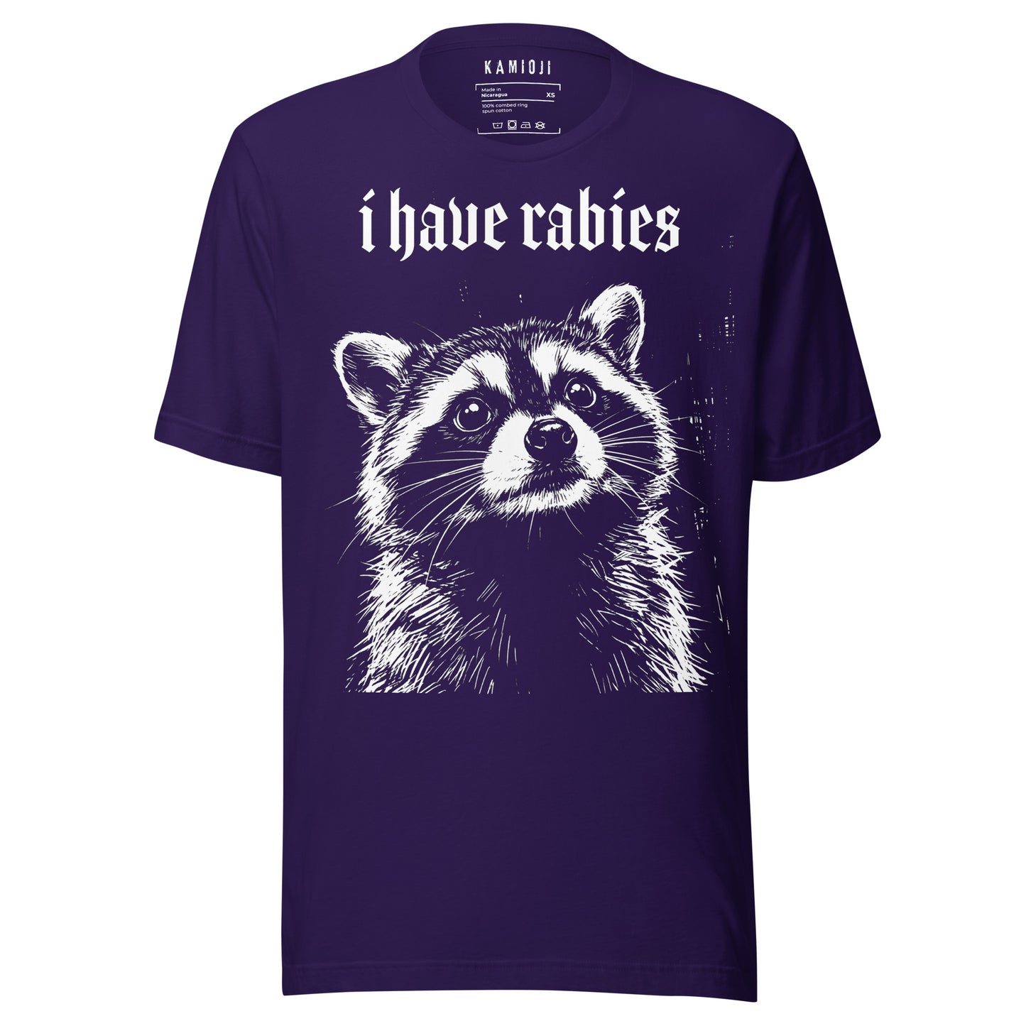 Trash panda graphic tee featuring a detailed raccoon portrait with gothic text and humorous horror-inspired design | Colour: Purple