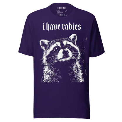 Trash panda graphic tee featuring a detailed raccoon portrait with gothic text and humorous horror-inspired design | Colour: Purple