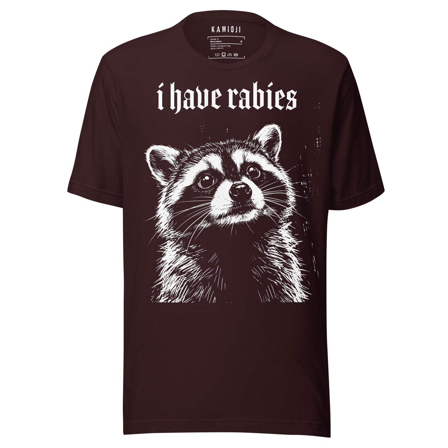 Meme-inspired raccoon T-shirt featuring a detailed wildlife illustration and humorous "I Have Rabies" slogan | Colour: Oxblood Black