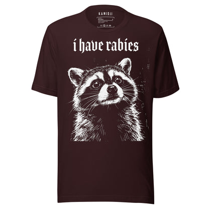 Meme-inspired raccoon T-shirt featuring a detailed wildlife illustration and humorous "I Have Rabies" slogan | Colour: Oxblood Black