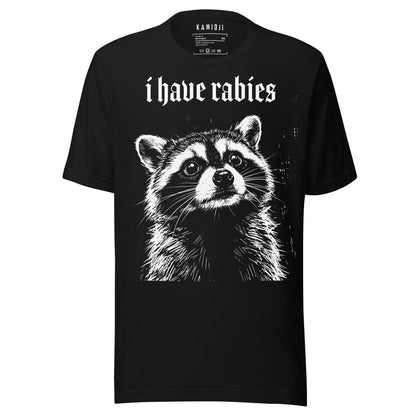 Funny raccoon graphic T-shirt featuring an oversized raccoon portrait with the phrase "I Have Rabies" in gothic lettering | Colour: Black