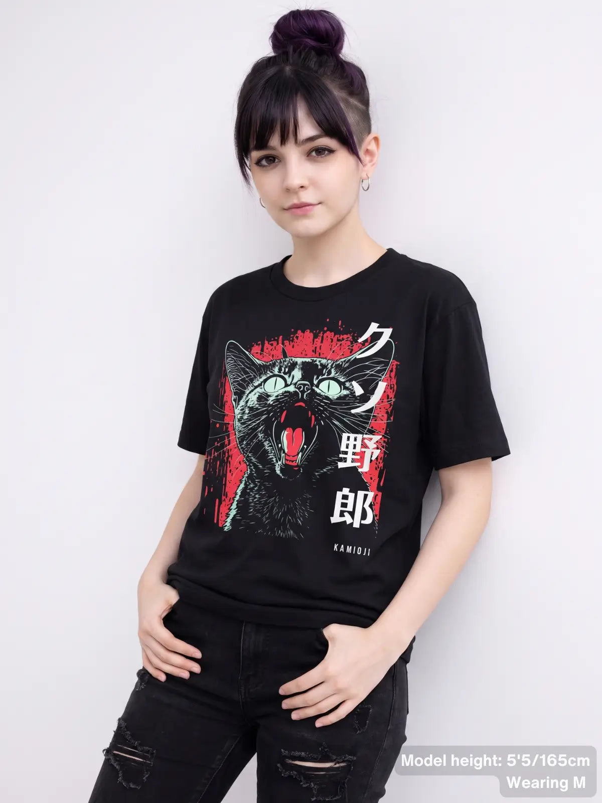 Angry cat T-shirt featuring detailed Japanese-inspired artwork for fans of alternative streetwear and graphic tees.