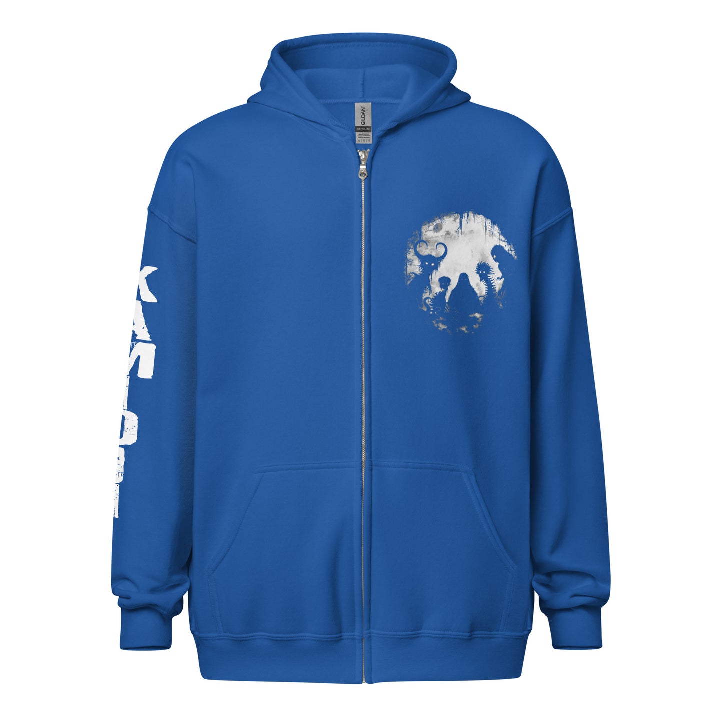 Monster folklore zip hoodie featuring iconic cryptids in a moonlit scene with subtle horror-inspired artwork. | Colour: Royal Blue