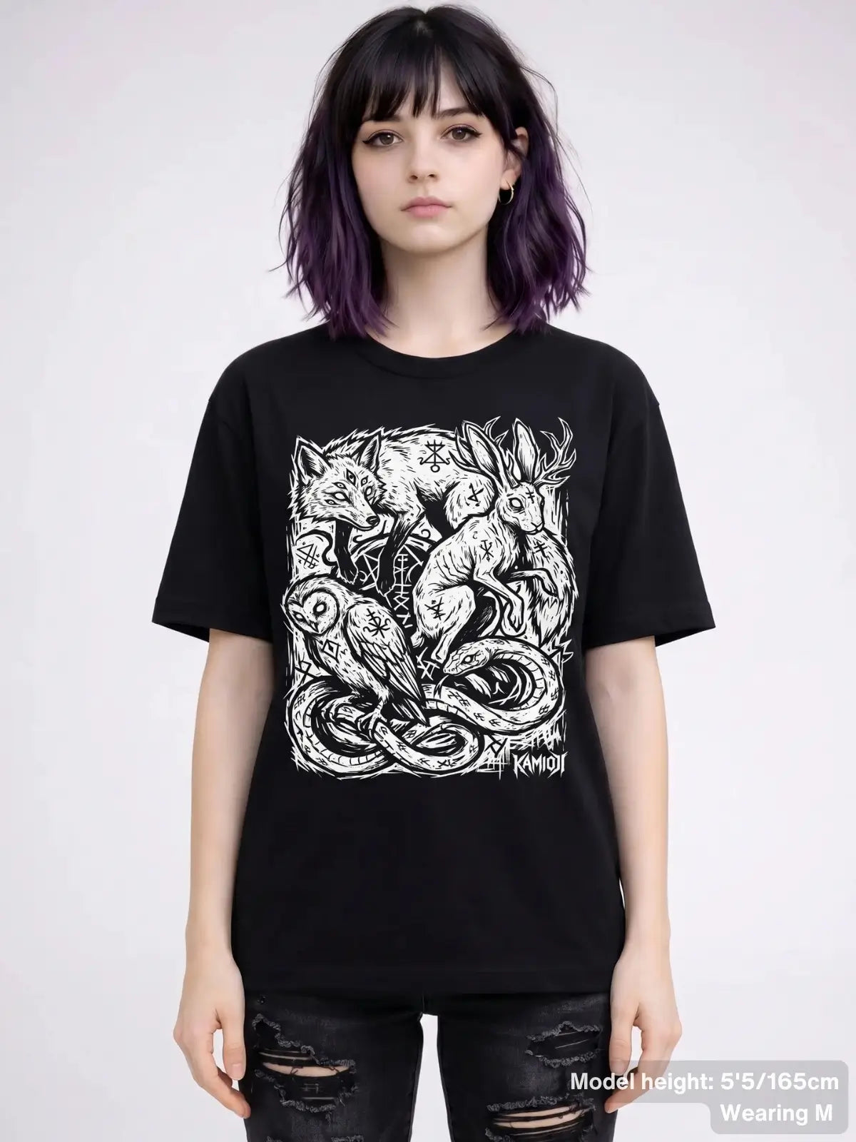 Person wearing a black t-shirt with white occult animal design on a plain background | Colour: Black