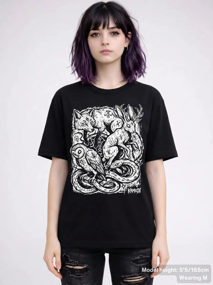 Person wearing a black t-shirt with white occult animal design on a plain background | Colour: Black