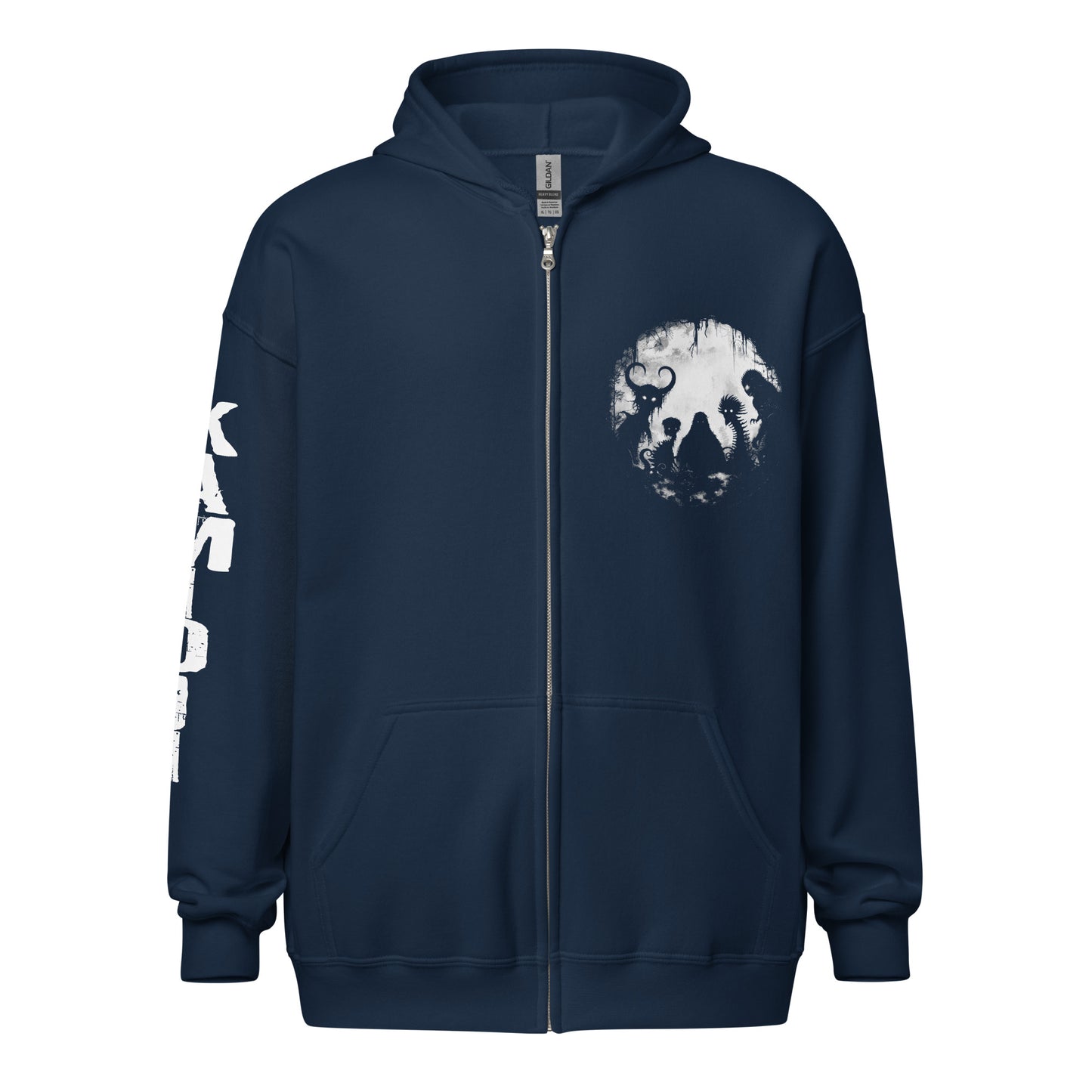 Gothic cryptid zip hoodie with Bigfoot, Mothman, Loch Ness Monster, and mythical creature artwork on the chest. | Colour: Navy