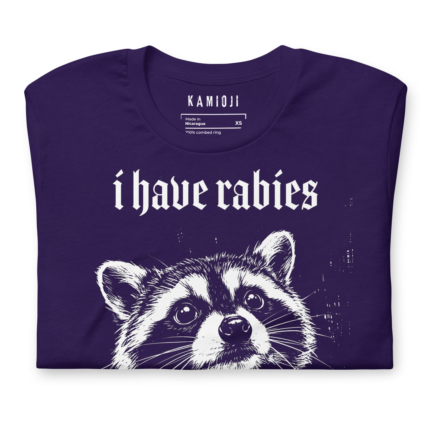 Funny animal graphic T-shirt with a raccoon illustration and "I Have Rabies" design for meme lovers and alternative fashion | Colour: Purple