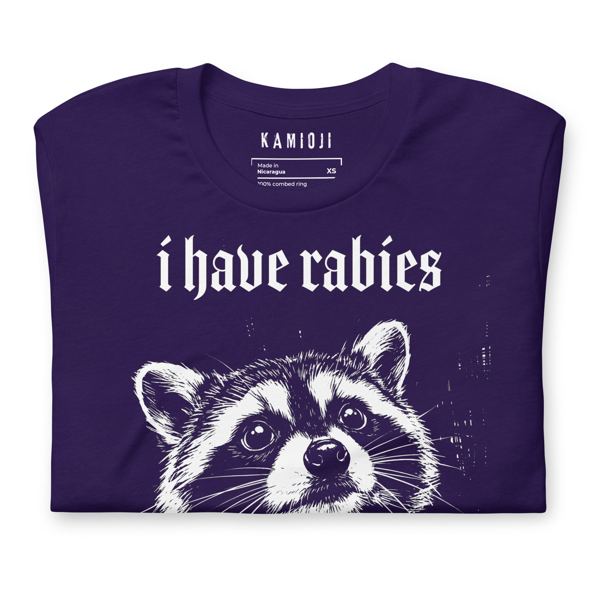 Funny animal graphic T-shirt with a raccoon illustration and "I Have Rabies" design for meme lovers and alternative fashion | Colour: Purple