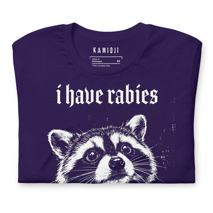 Funny animal graphic T-shirt with a raccoon illustration and "I Have Rabies" design for meme lovers and alternative fashion | Colour: Purple