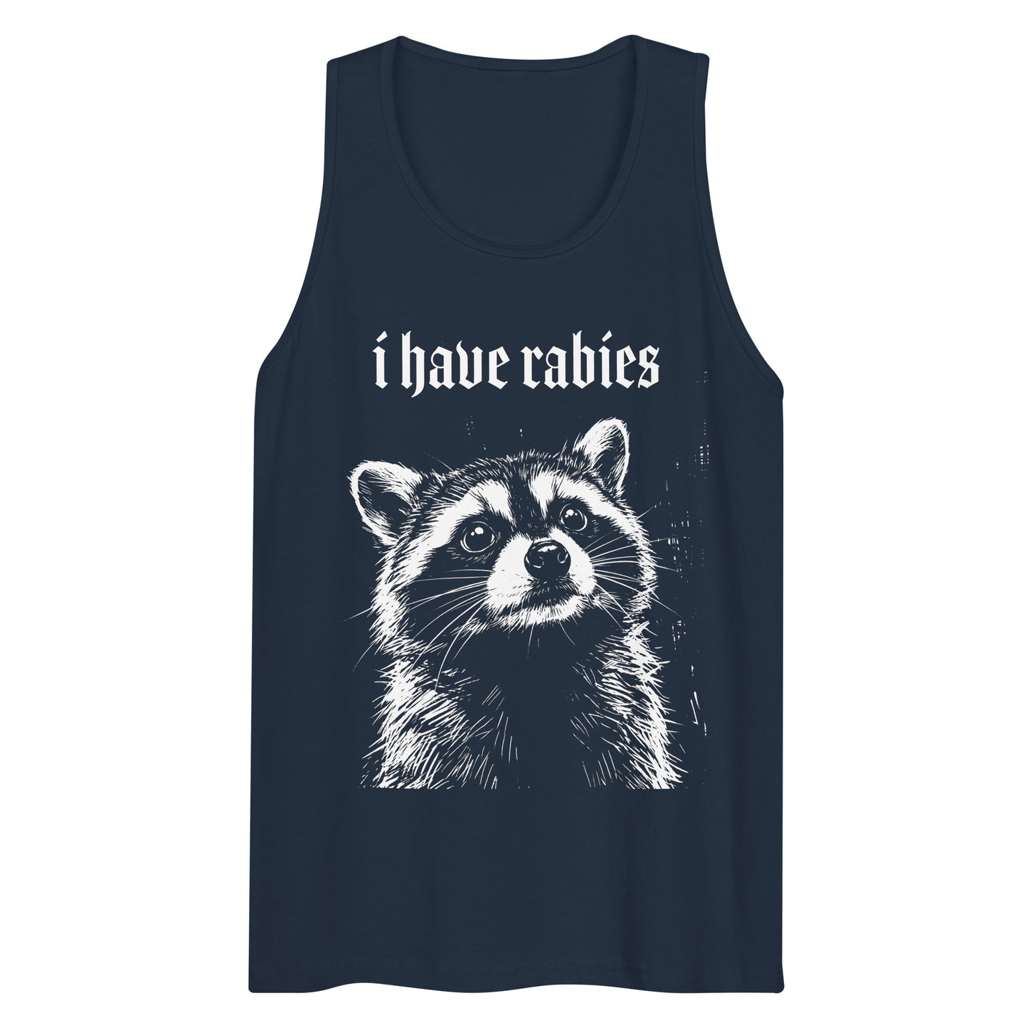 Meme-inspired raccoon tank top with detailed wildlife artwork and bold gothic typography for everyday casual wear | Colour: Navy