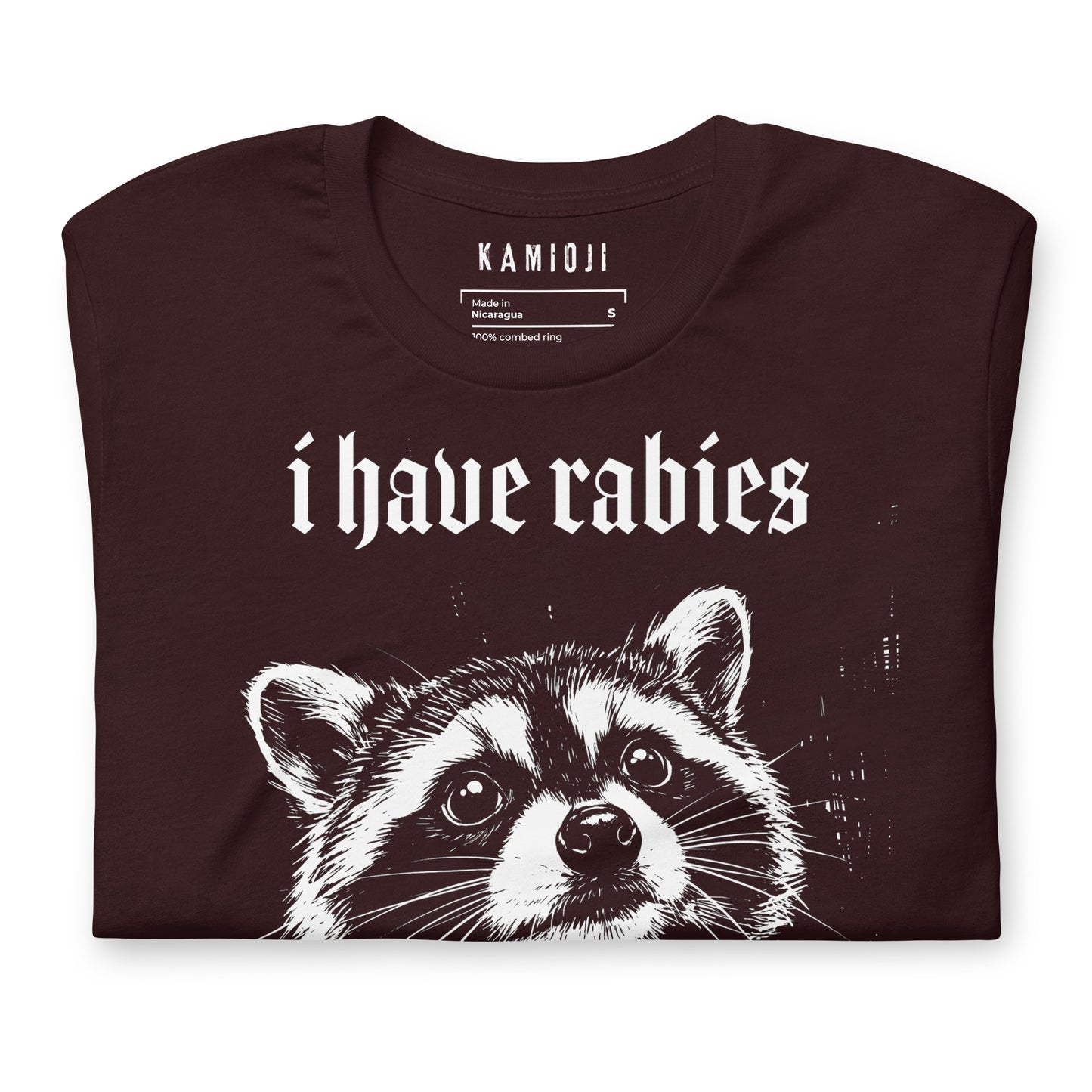 Alternative graphic T-shirt with chaotic raccoon artwork for fans of funny animal shirts and dark humour | Colour: Oxblood Black