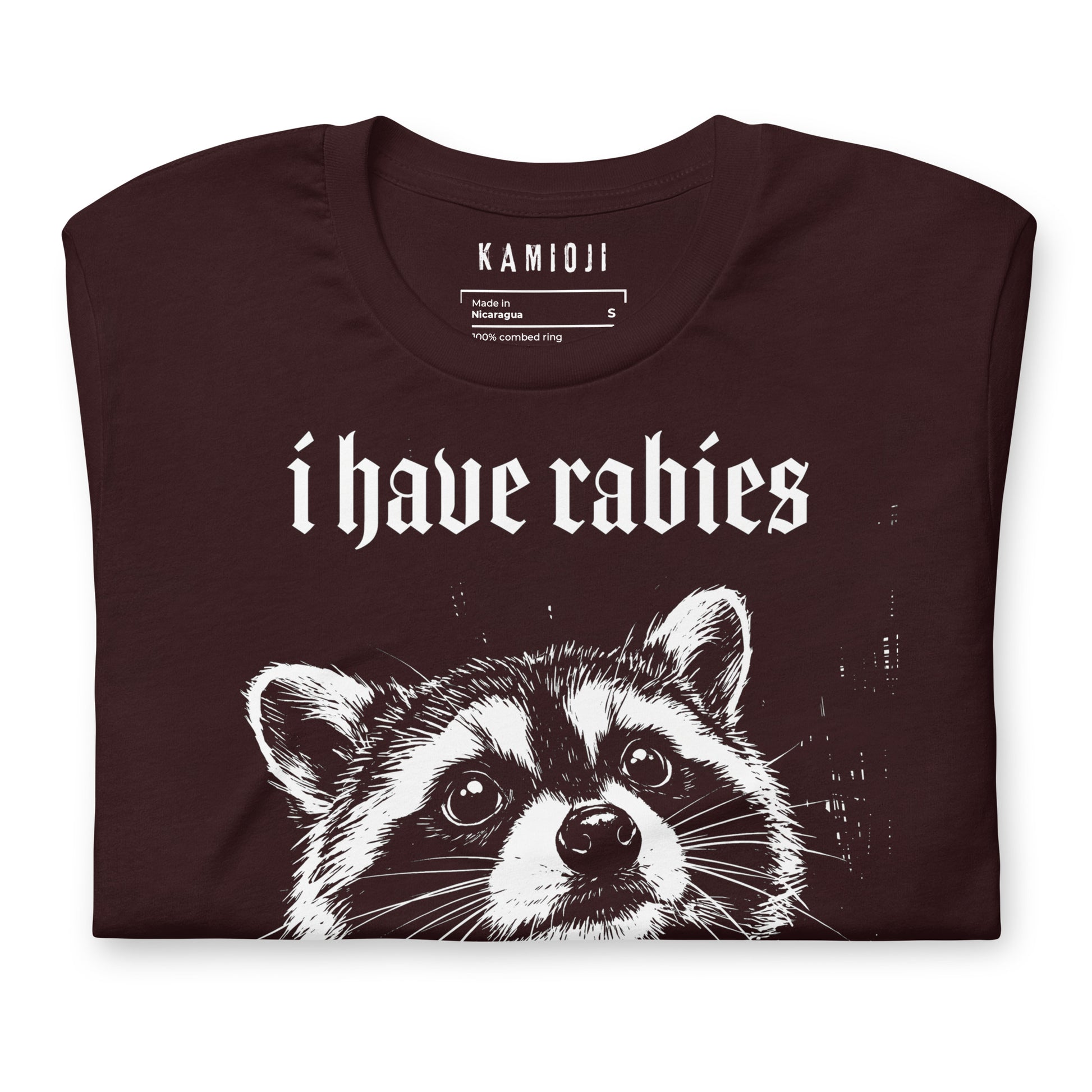 Alternative graphic T-shirt with chaotic raccoon artwork for fans of funny animal shirts and dark humour | Colour: Oxblood Black