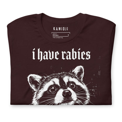 Alternative graphic T-shirt with chaotic raccoon artwork for fans of funny animal shirts and dark humour | Colour: Oxblood Black