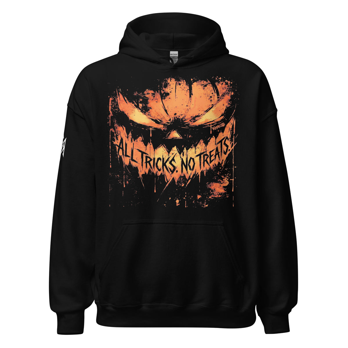 All Tricks No Treats Halloween hoodie featuring a large distressed jack-o'-lantern horror graphic and sleeve detail. | Colour: Black