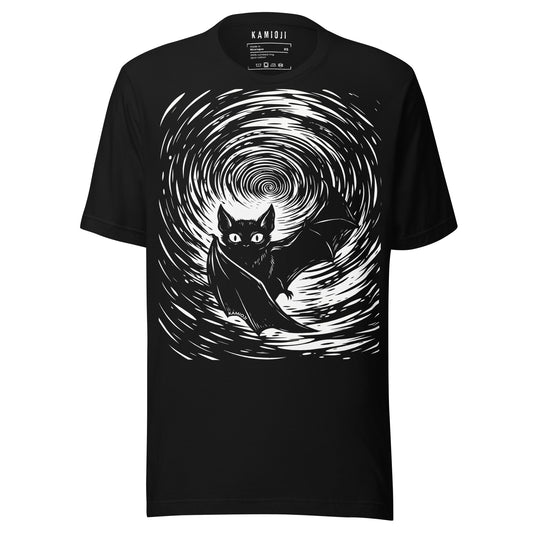 bat graphic tee with swirling gothic artwork and hypnotic monochrome design