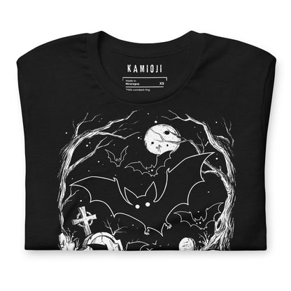 Close-up of the KAMIOJI bat, full moon and graveyard Halloween T-shirt graphic | Colour: Black