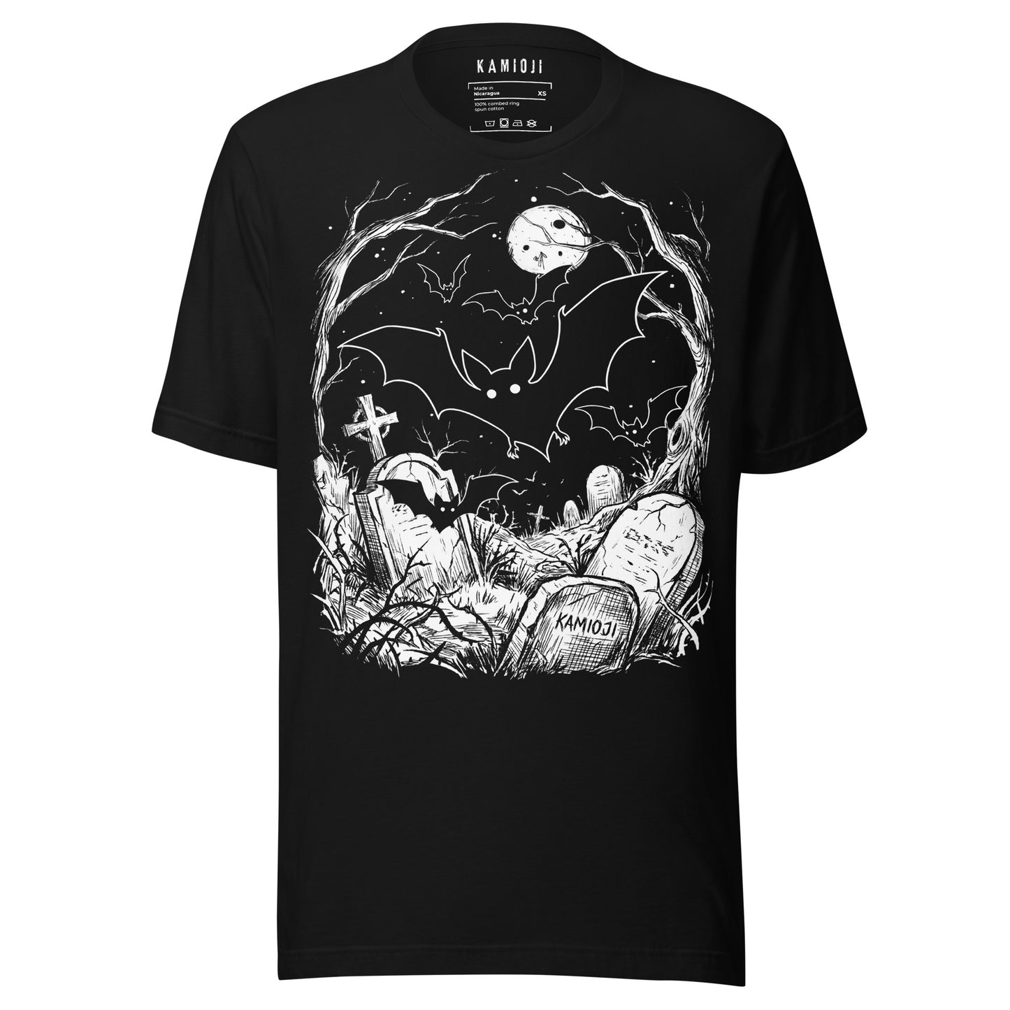 KAMIOJI Halloween T-shirt featuring bats flying over a moonlit graveyard with tombstones and pumpkins, front view | Colour: Black