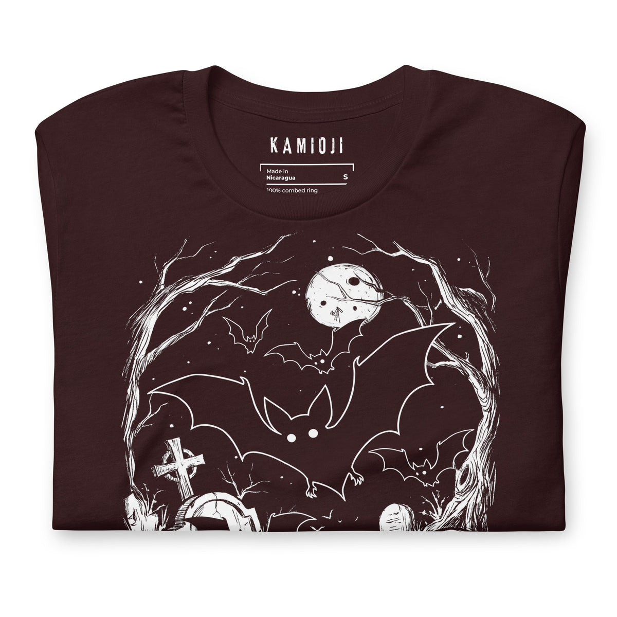 Close-up of the KAMIOJI bat, full moon and graveyard Halloween T-shirt graphic | Colour: Oxblood Black