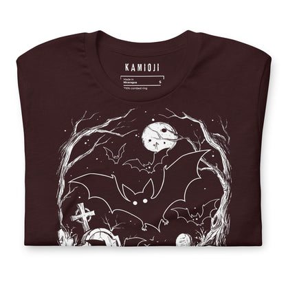 Close-up of the KAMIOJI bat, full moon and graveyard Halloween T-shirt graphic | Colour: Oxblood Black