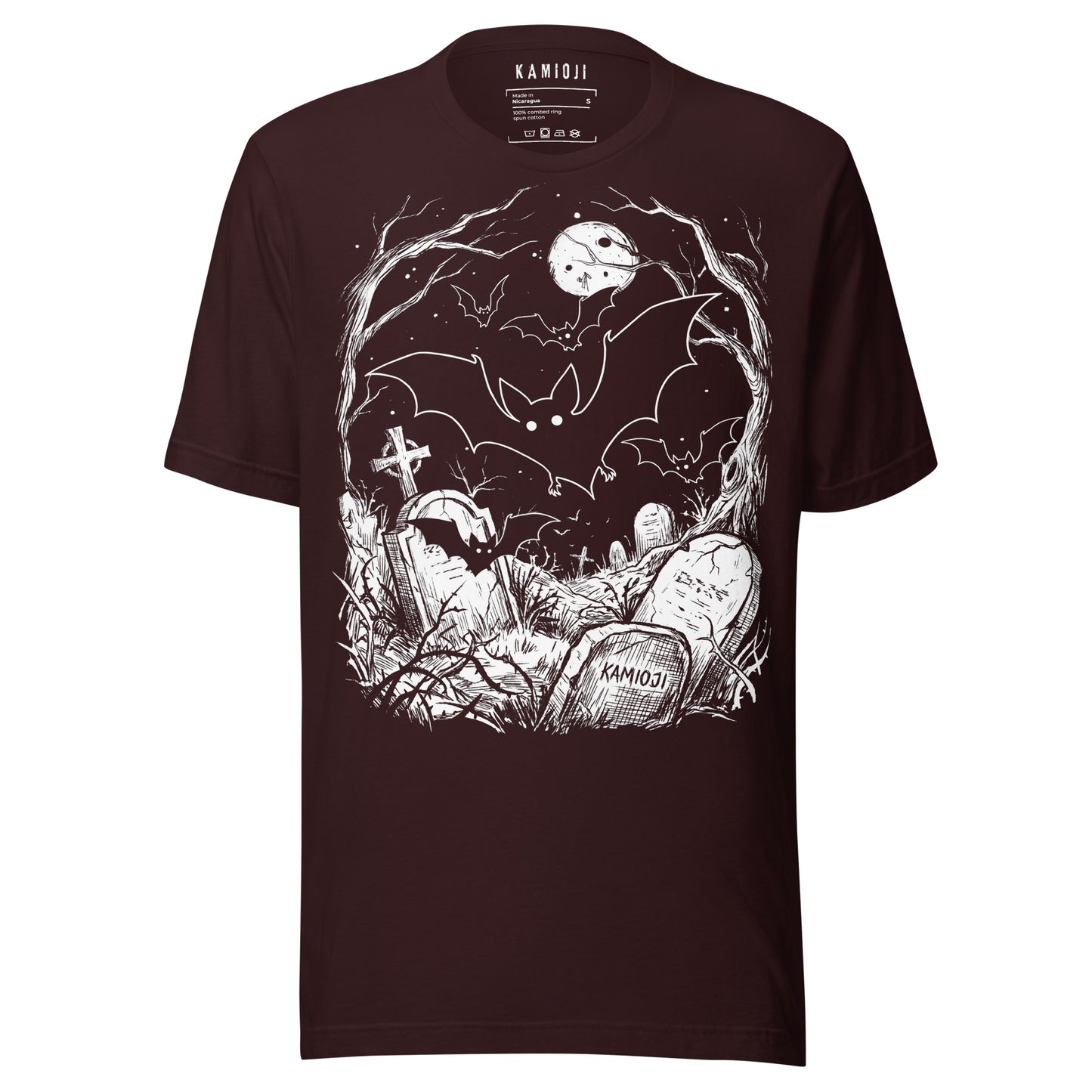 KAMIOJI Halloween T-shirt featuring bats flying over a moonlit graveyard with tombstones and pumpkins, front view | Colour: Oxblood Black