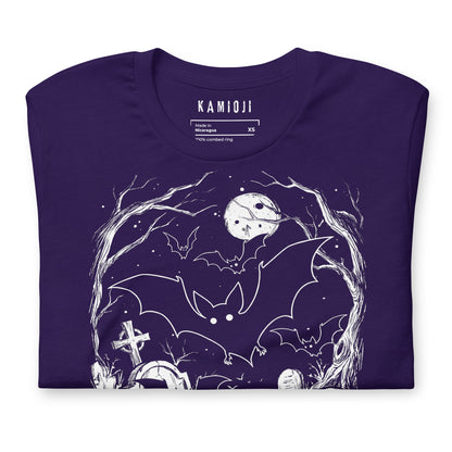 Close-up of the KAMIOJI bat, full moon and graveyard Halloween T-shirt graphic | Colour: Purple