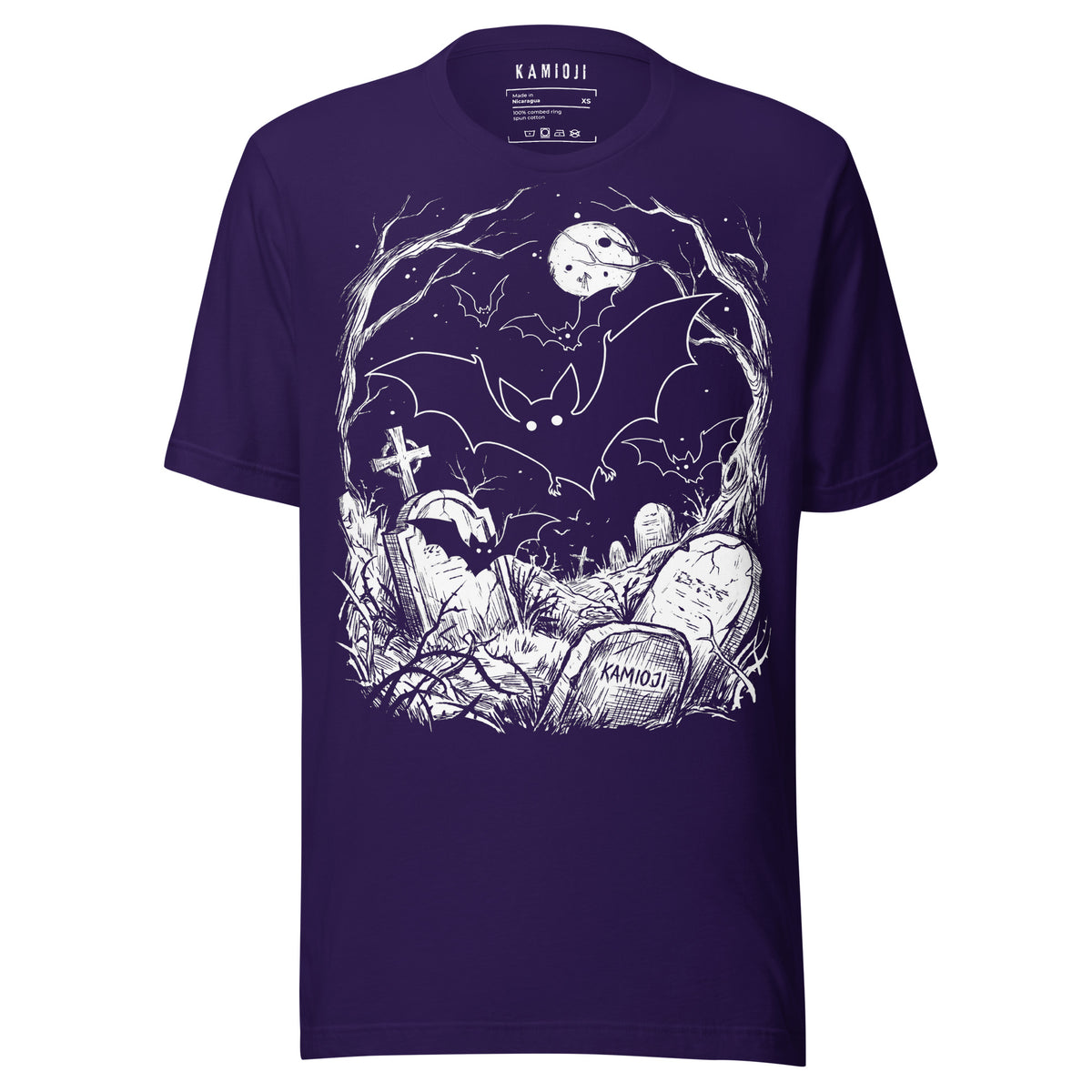 KAMIOJI Halloween T-shirt featuring bats flying over a moonlit graveyard with tombstones and pumpkins, front view | Colour: Purple