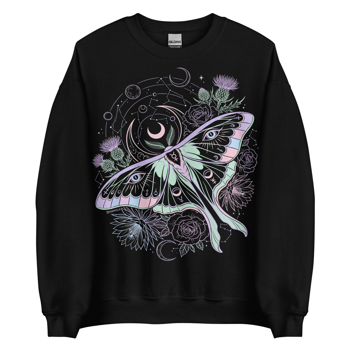KAMIOJI celestial luna moth sweatshirt featuring eye details, crescent moons, flowers and astrological artwork, front view | Colour: Black