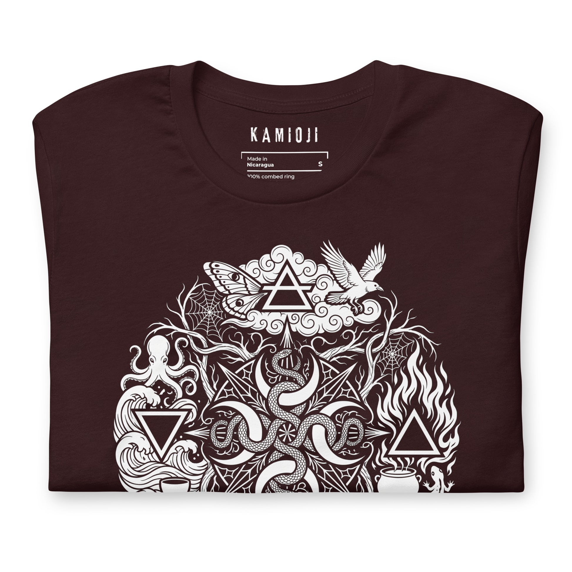 Dark witchcraft T-shirt featuring a skull, crystals, octopus, raven and mystical symbols | Colour: Oxblood Black