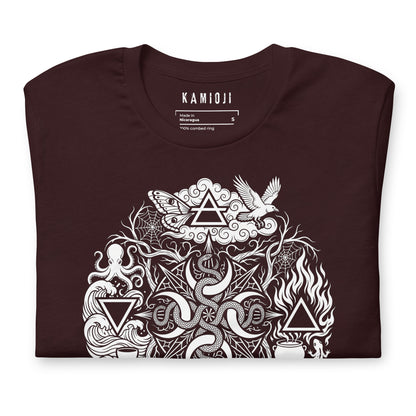 Dark witchcraft T-shirt featuring a skull, crystals, octopus, raven and mystical symbols | Colour: Oxblood Black