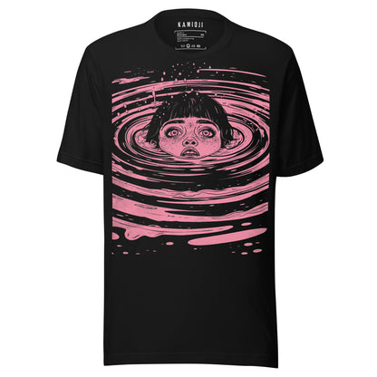 T shirt featuring an illustrated girl submerged in water in a dark anime style.