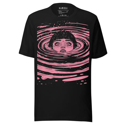 T shirt featuring an illustrated girl submerged in water in a dark anime style.