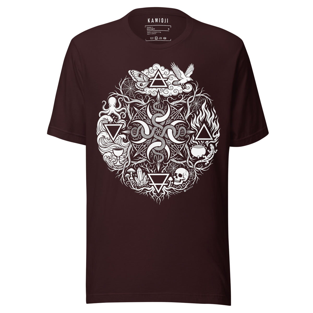 Oxblood alternative T-shirt with occult snakes, elemental symbols, mushrooms and spider webs | Colour: Oxblood Black