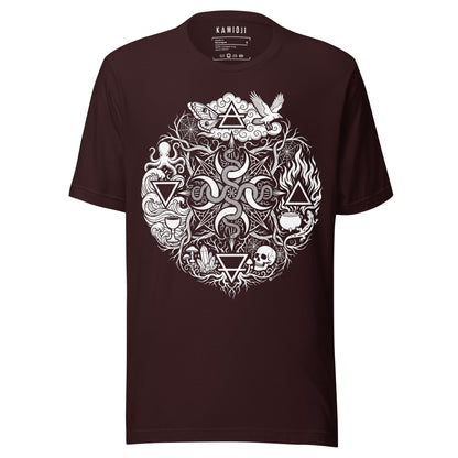 Oxblood alternative T-shirt with occult snakes, elemental symbols, mushrooms and spider webs | Colour: Oxblood Black