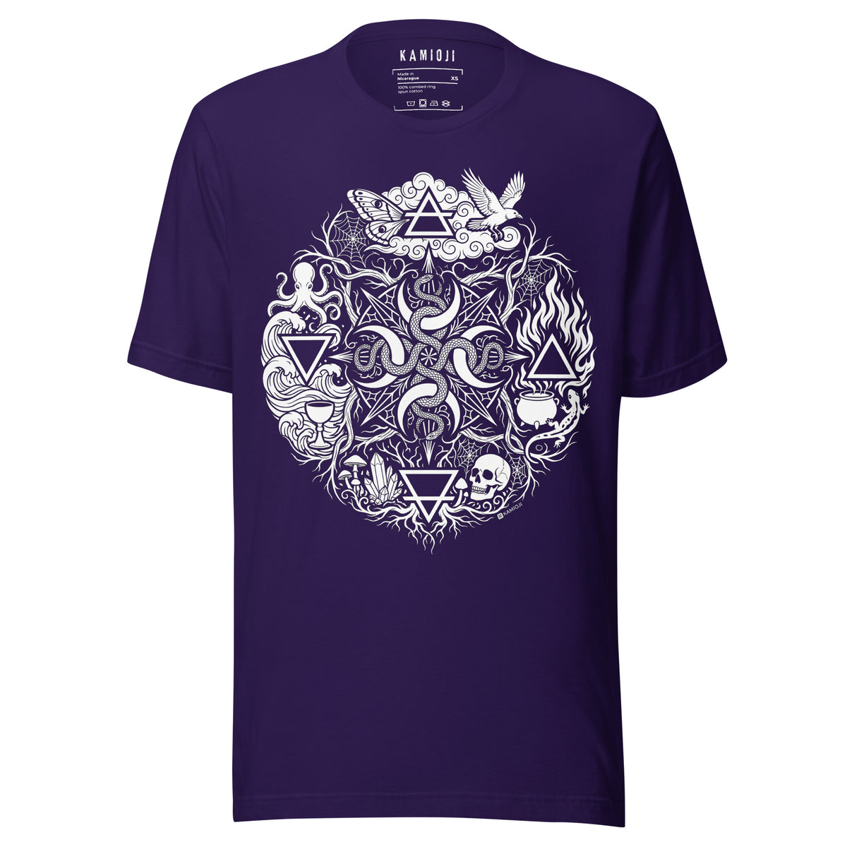 Purple witchy T-shirt with a detailed snake, skull, raven, moth and elemental symbol design | Colour: Purple