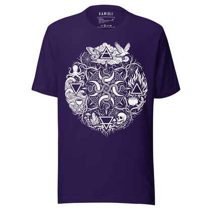 Purple witchy T-shirt with a detailed snake, skull, raven, moth and elemental symbol design | Colour: Purple