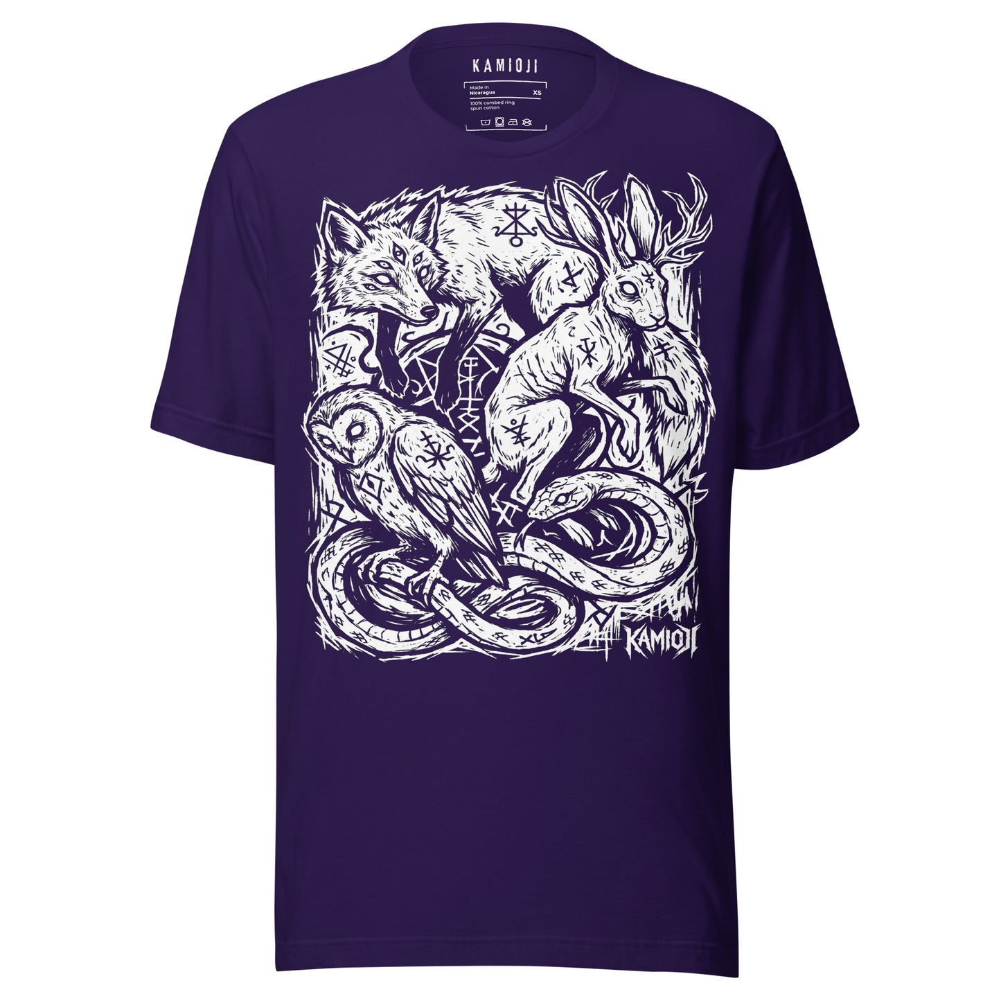 Witchy folklore graphic tee featuring animal symbolism, runes, and dark fantasy artwork influenced by pagan traditions.