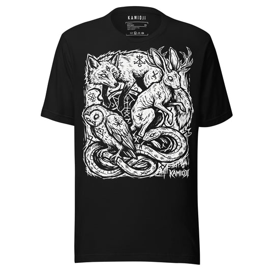 Folklore creature graphic shirt featuring a fox, owl, serpent, and jackalope surrounded by runic symbols and detailed blackwork illustration.