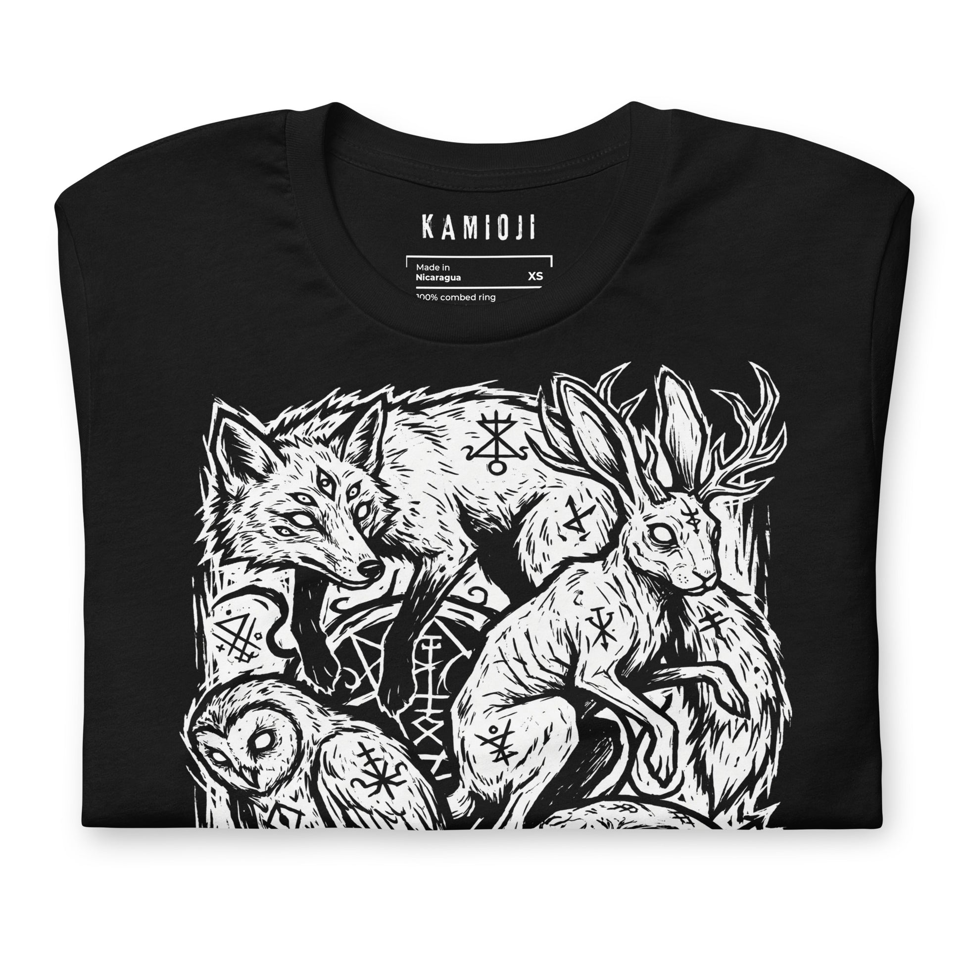 Pagan folklore graphic tee with woodland animals, occult markings, and dark fantasy artwork inspired by mythology and folk tales.