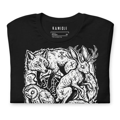 Pagan folklore graphic tee with woodland animals, occult markings, and dark fantasy artwork inspired by mythology and folk tales.