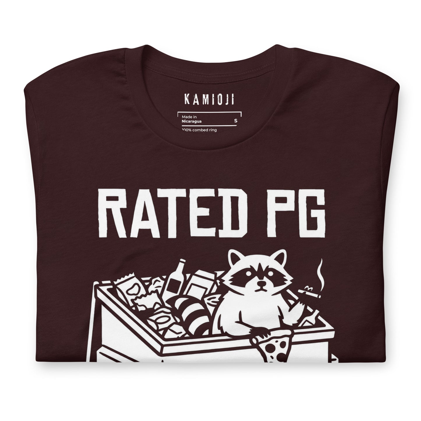 Trash panda graphic tee featuring a raccoon surrounded by junk food and garbage inside a dumpster
