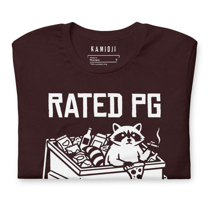 Trash panda graphic tee featuring a raccoon surrounded by junk food and garbage inside a dumpster