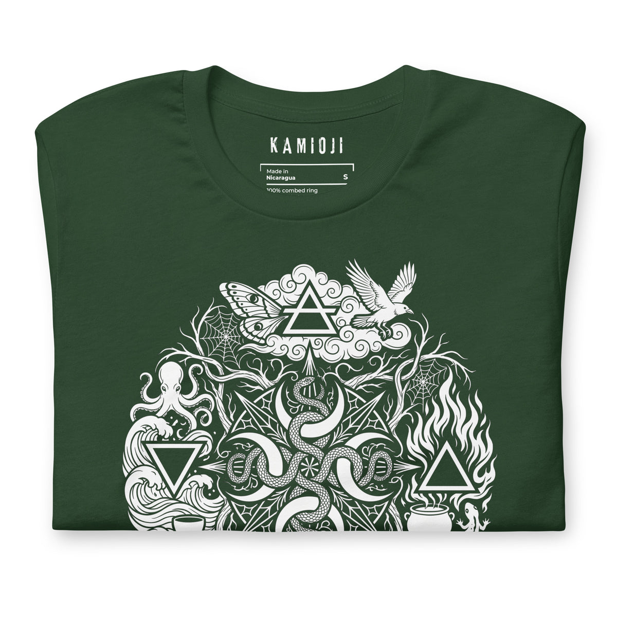 Alternative green T-shirt featuring witchy symbols, spider webs, cauldron and crystal details | Colour: Green