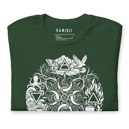 Alternative green T-shirt featuring witchy symbols, spider webs, cauldron and crystal details | Colour: Green
