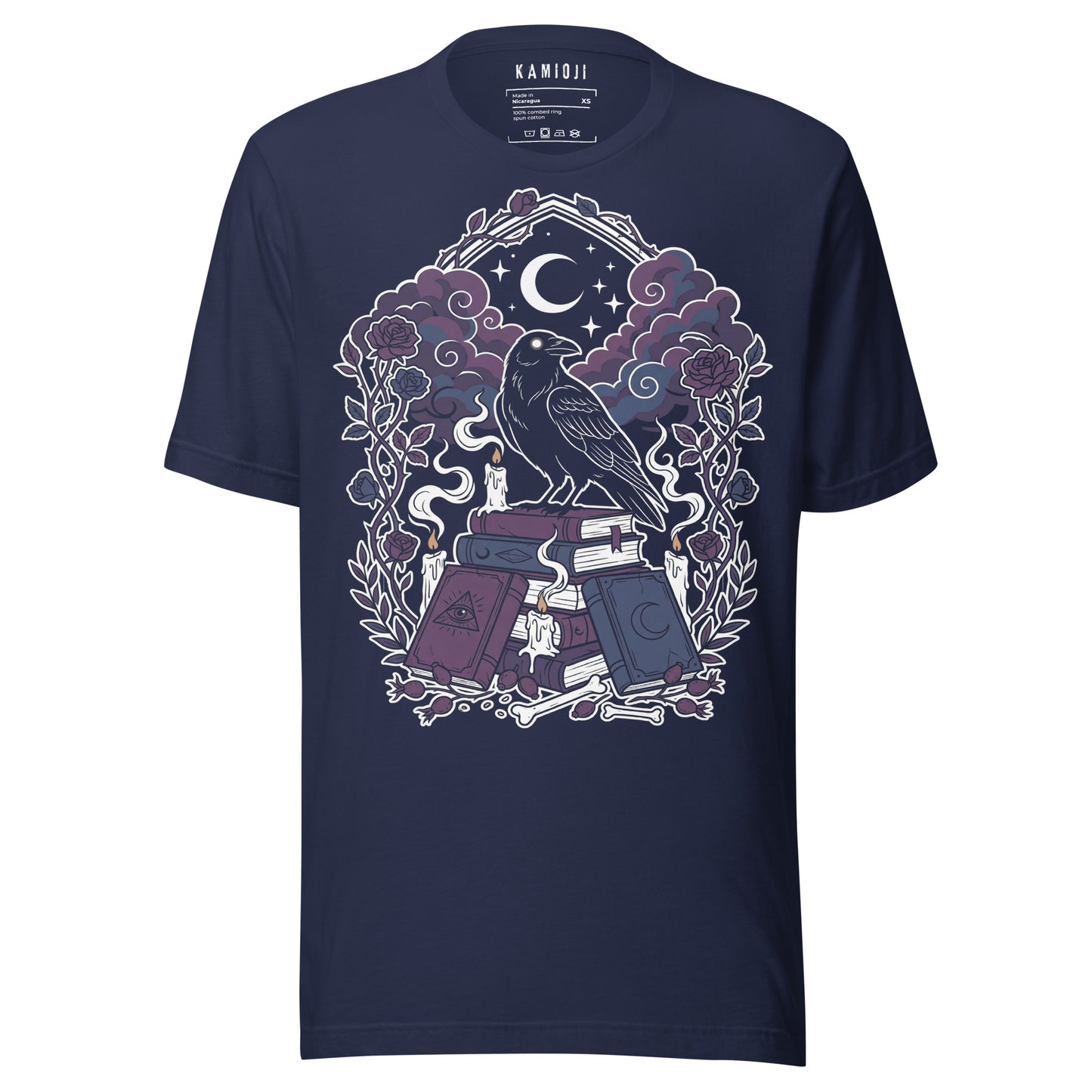gothic raven t shirt with candles bones and occult book illustration in purple tones