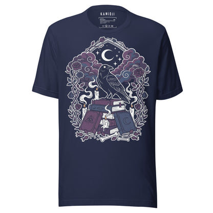 gothic raven t shirt with candles bones and occult book illustration in purple tones