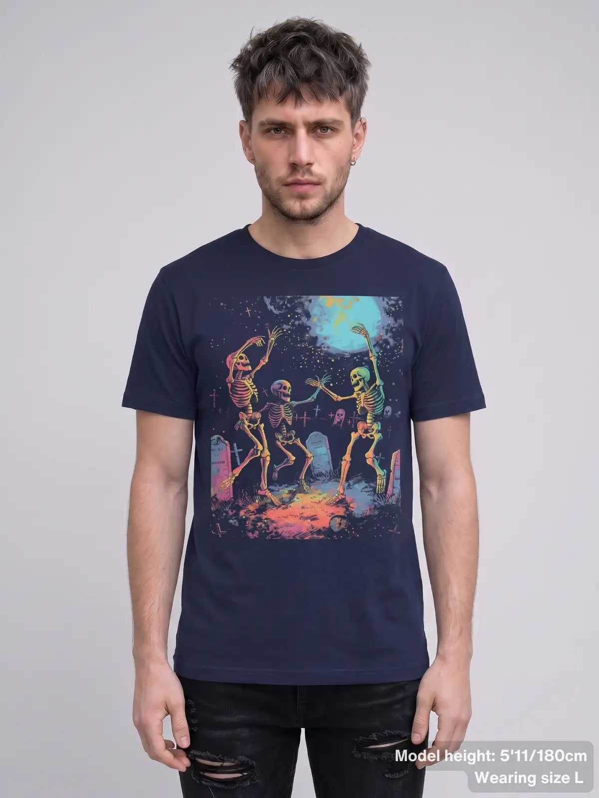 Funny skeleton graphic tee inspired by Halloween featuring dancing skeletons, cemetery scenery, and vintage horror artwork. | Colour: Navy