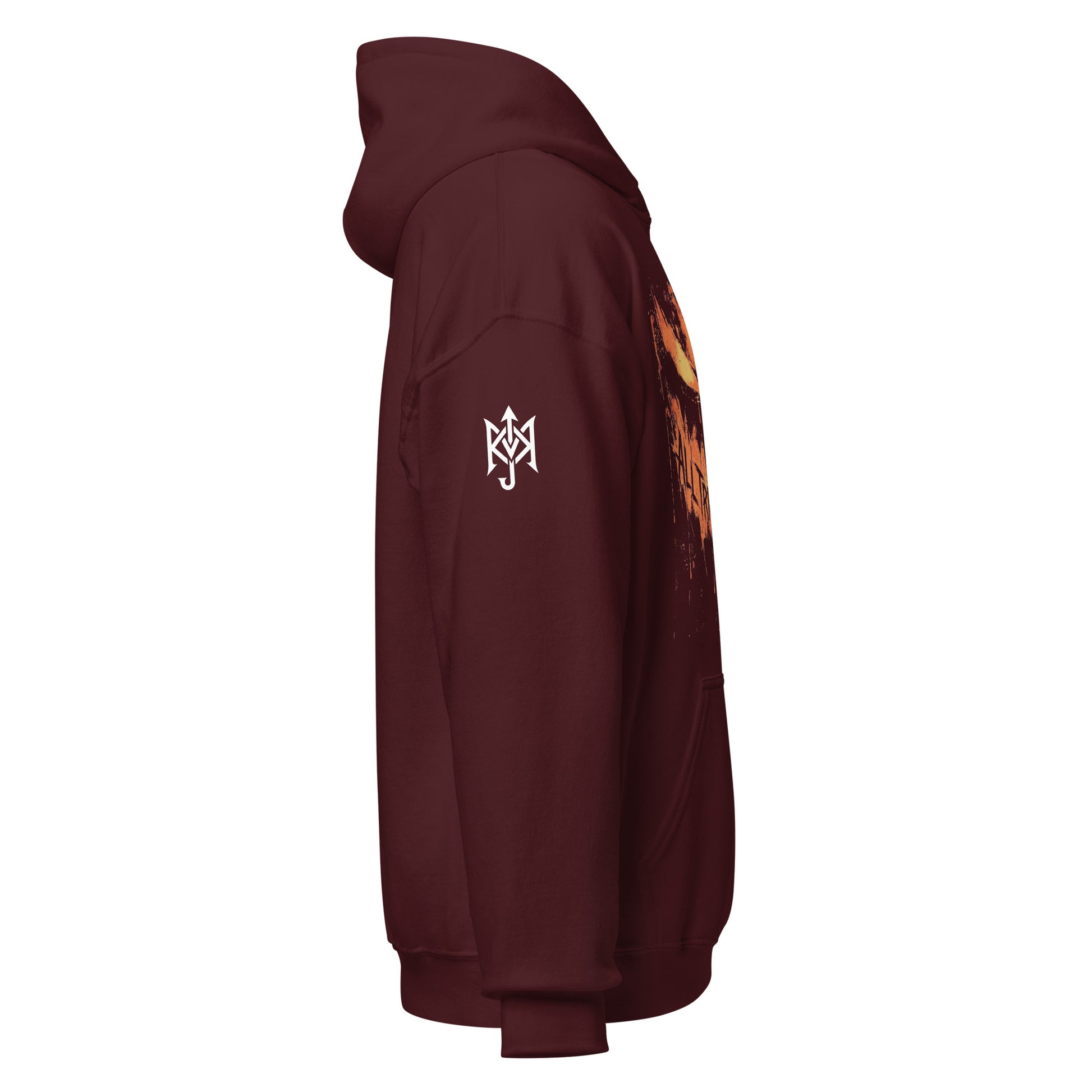 Alternative Halloween hoodie with a creepy jack-o'-lantern graphic, All Tricks No Treats slogan and KAMIOJI sleeve emblem. | Colour: Maroon