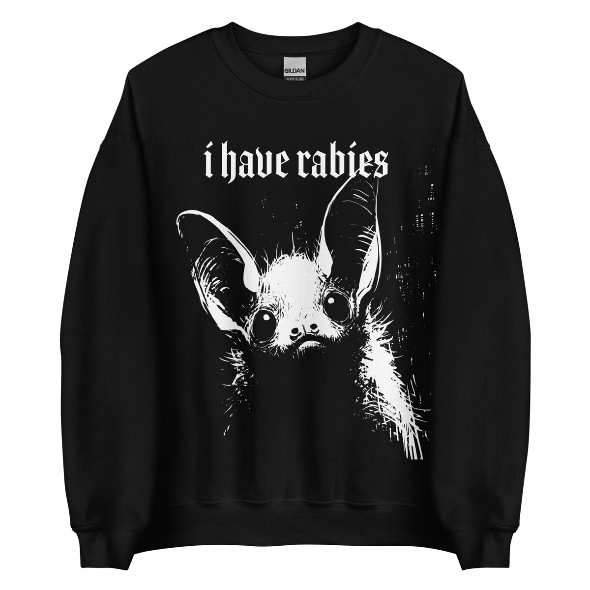 KAMIOJI I Have Rabies sweatshirt featuring a distressed gothic bat graphic, front view | Colour: Black